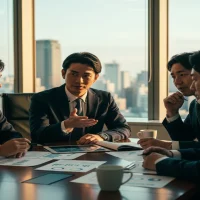 夕暮れの都市を背景に経営会議室で4人の若手〜中堅エグゼクティブがサクセッションプランを議論するシーン