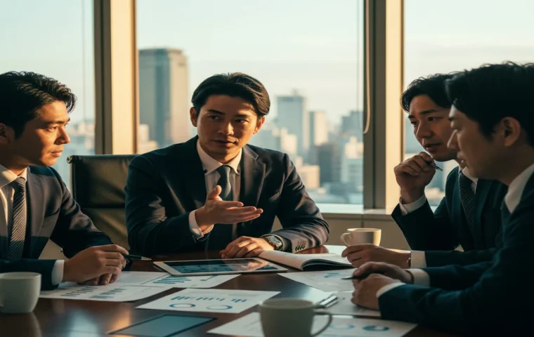 夕暮れの都市を背景に経営会議室で4人の若手〜中堅エグゼクティブがサクセッションプランを議論するシーン