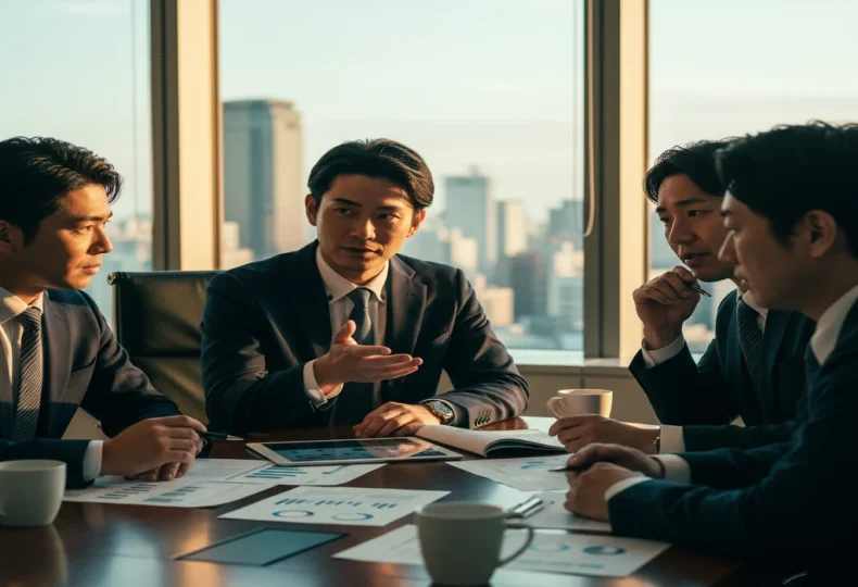 夕暮れの都市を背景に経営会議室で4人の若手〜中堅エグゼクティブがサクセッションプランを議論するシーン